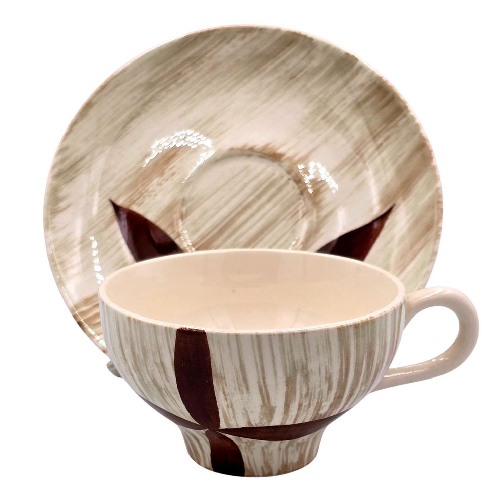 8 ct. RARE Brown Cross Brushstroke Background Tea Cups AND Saucers‎ Prim Rose